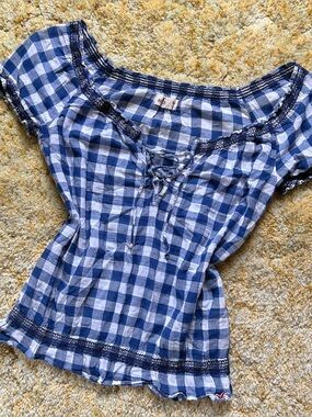Blue Gingham Peasant Top